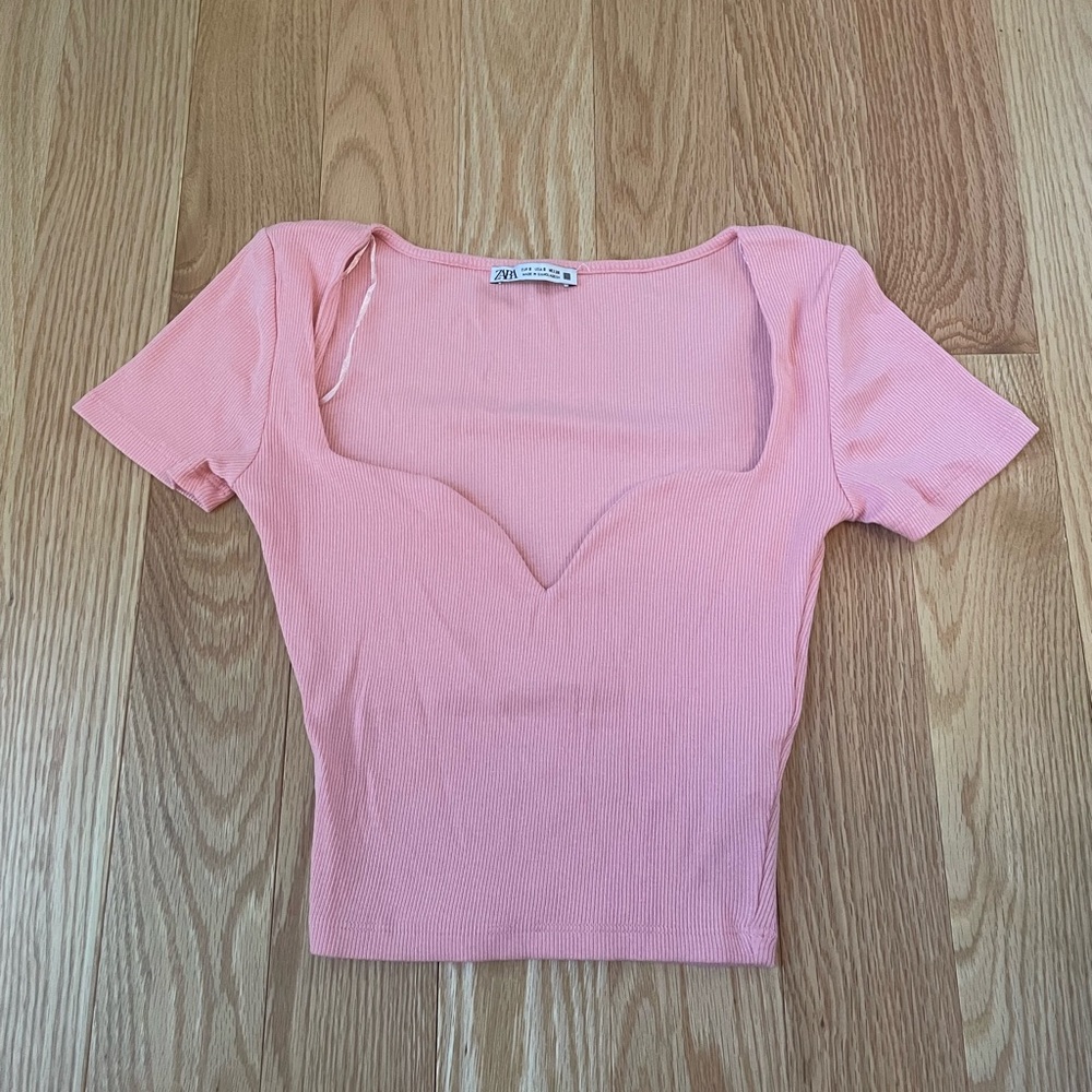Zara Pink Sweetheart Neckline Ribbed Short Sleeve Crop Top